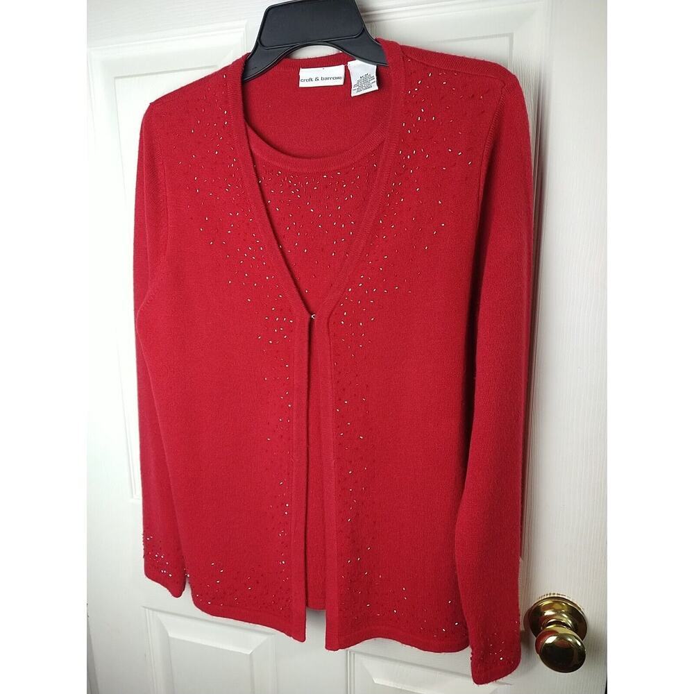 Croft And Barrow Woman M Sweater Red Beaded Pullover Cardigan Tank Front Lined